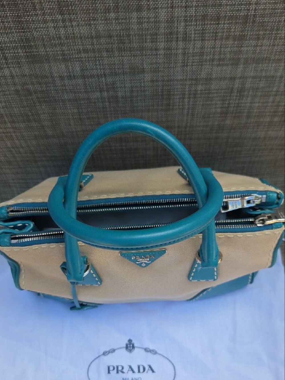 Prada Beige Canvas Satchel with Teal Leather Trim - Picture 6 of 17